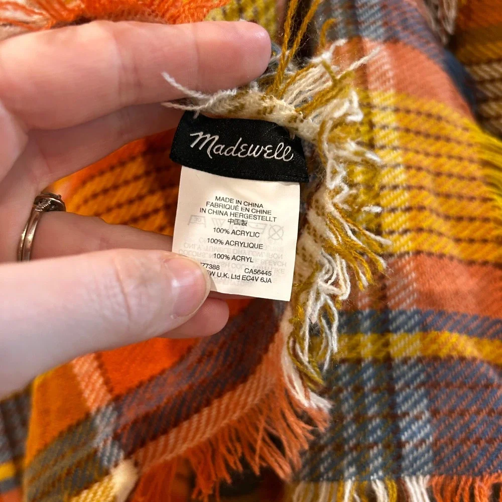 Madewell Tartan Plaid Fringe Blanket‎ Scarf Orange Yellow Soft Warm Travel Chic